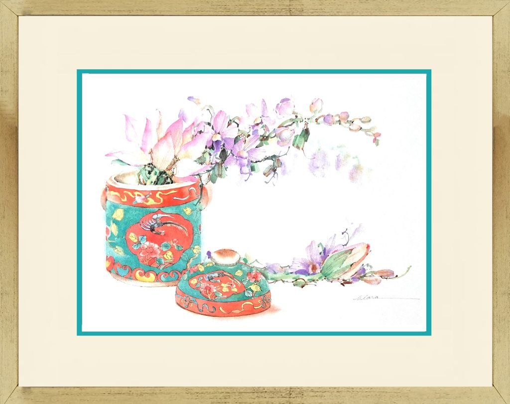 Watercolour Painting of a Peranakan Steamer with Flowers by Clara Hung Mei Yee